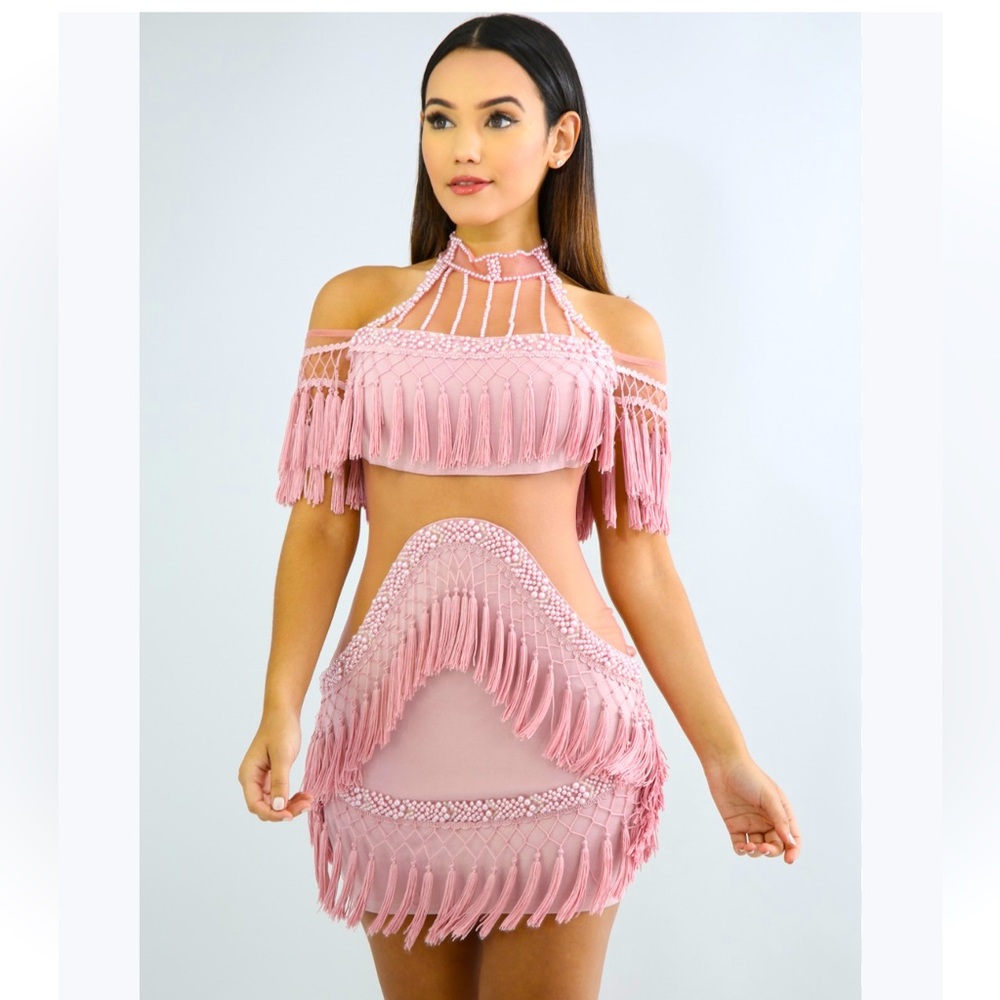 ✨NEW LUXURIOUS DESIGNER PINK PASTEL TASSEL FRINGE RHINESTONE MINI BIRTHDAY DRESS